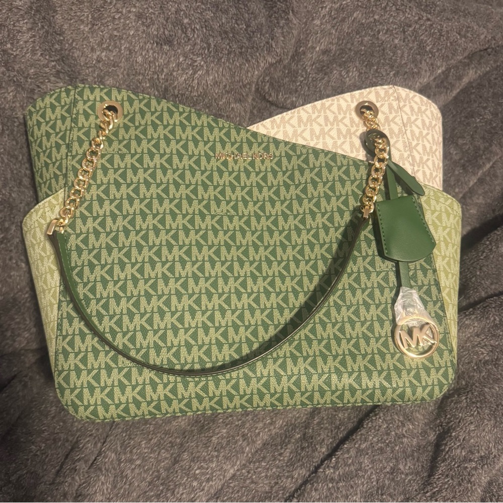Michael Kora Jet Set Large Chained Tote Shoulder Bag MK Fern Green